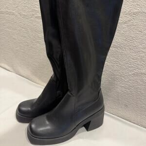 Over-the-Knee Black Platform Boots - Women's Sleek Block Heel